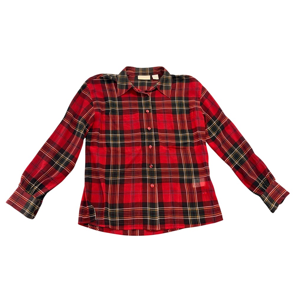 Liz Claiborne Collection Womens Red Plaid Button Front Blouse Size 4 Long Sleeve